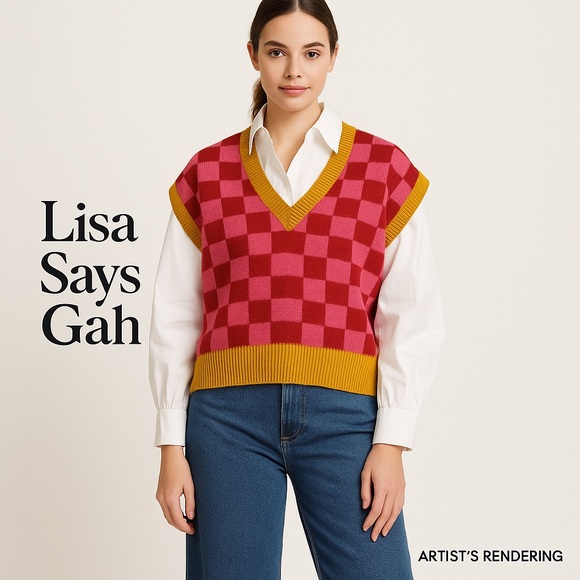 Lisa Says Gah Sweaters - Lisa Says Gah – FANGIO Sweater Vest – Size M/L Red and Pink Checkered EUC